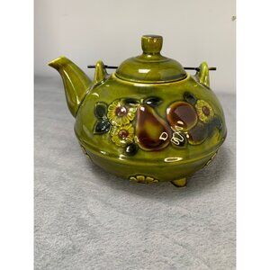 Vintage Green Ceramic Teapot with Floral Relief & Wire Handle 1970s